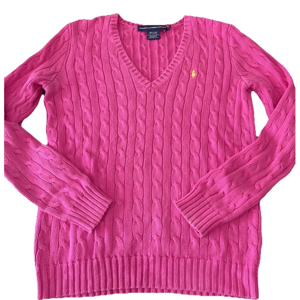 Vintage Ralph Lauren Sport Women's Cable Knit Sweater Size Medium Pink w/yellow - Picture 3 of 13